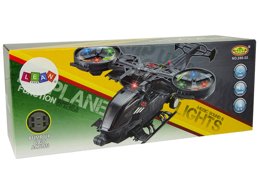 Vojenský vrtulník s rotujícími křídly, světly a zvuky