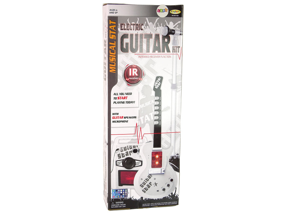 Elektrická kytara s mikrofonem a reproduktorem – bílá