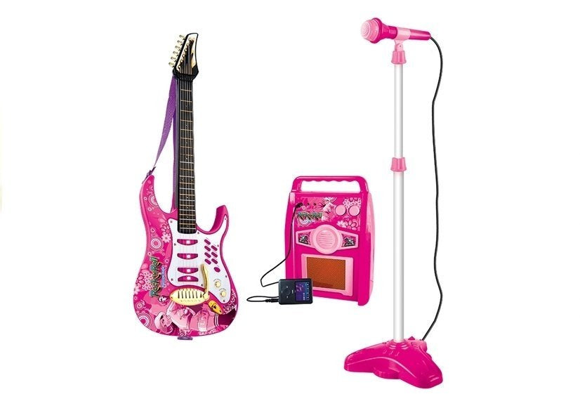 Pink electric guitar with microphone and amplifier