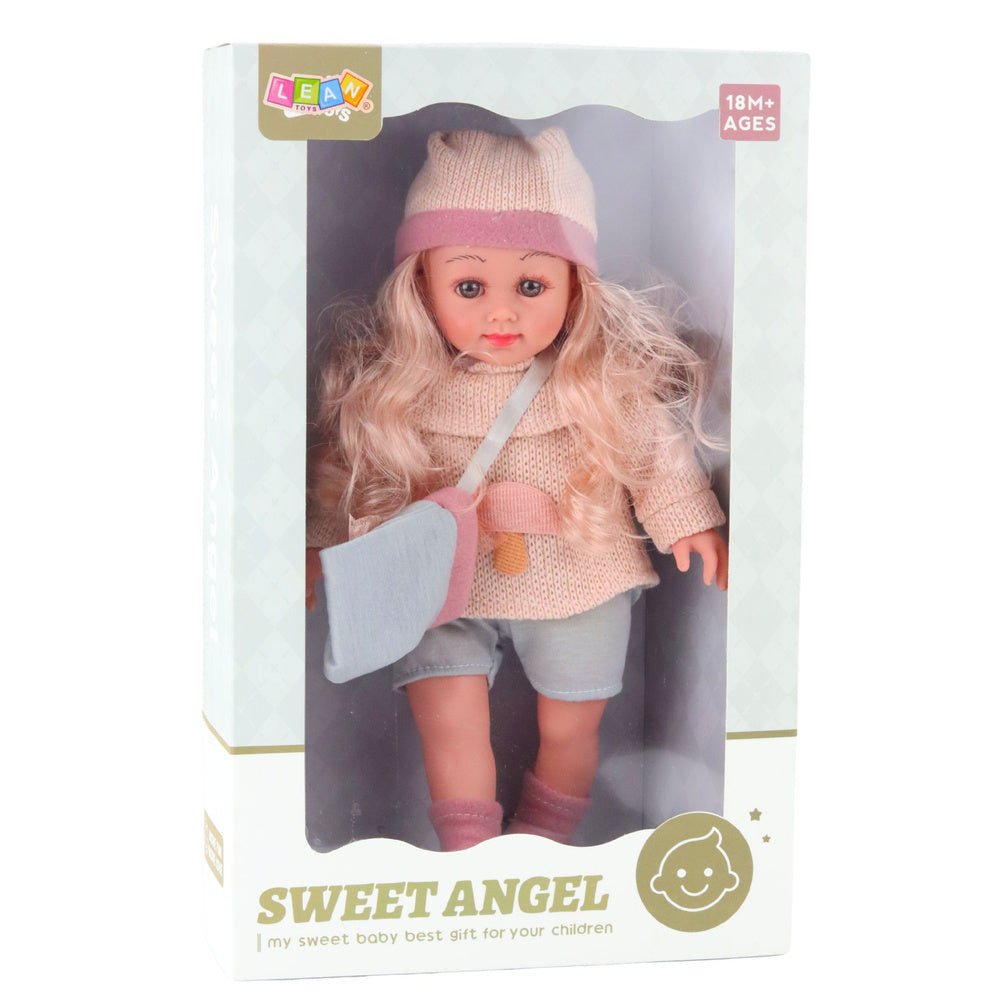 Panenka Sweet Angel 36 cm v pletené svetru s houbičkou a kabelkou
