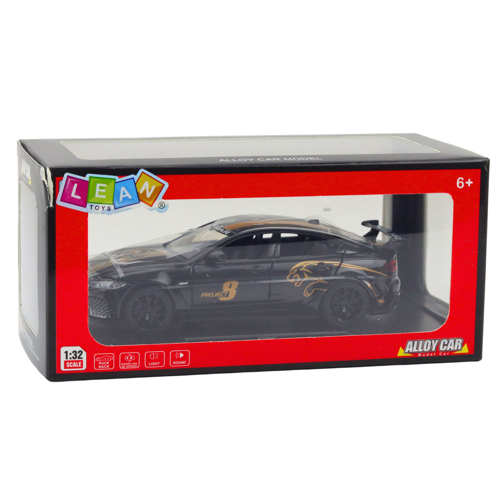 Sportovní auto kovové s pull-back pohonem a efekty – černé 1:32