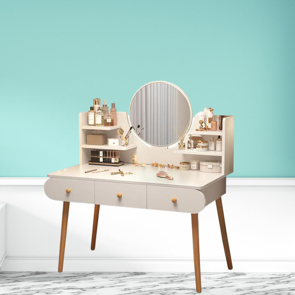 Toaletní stolek s kulatým zrcadlem a třemi zásuvkami – bílý