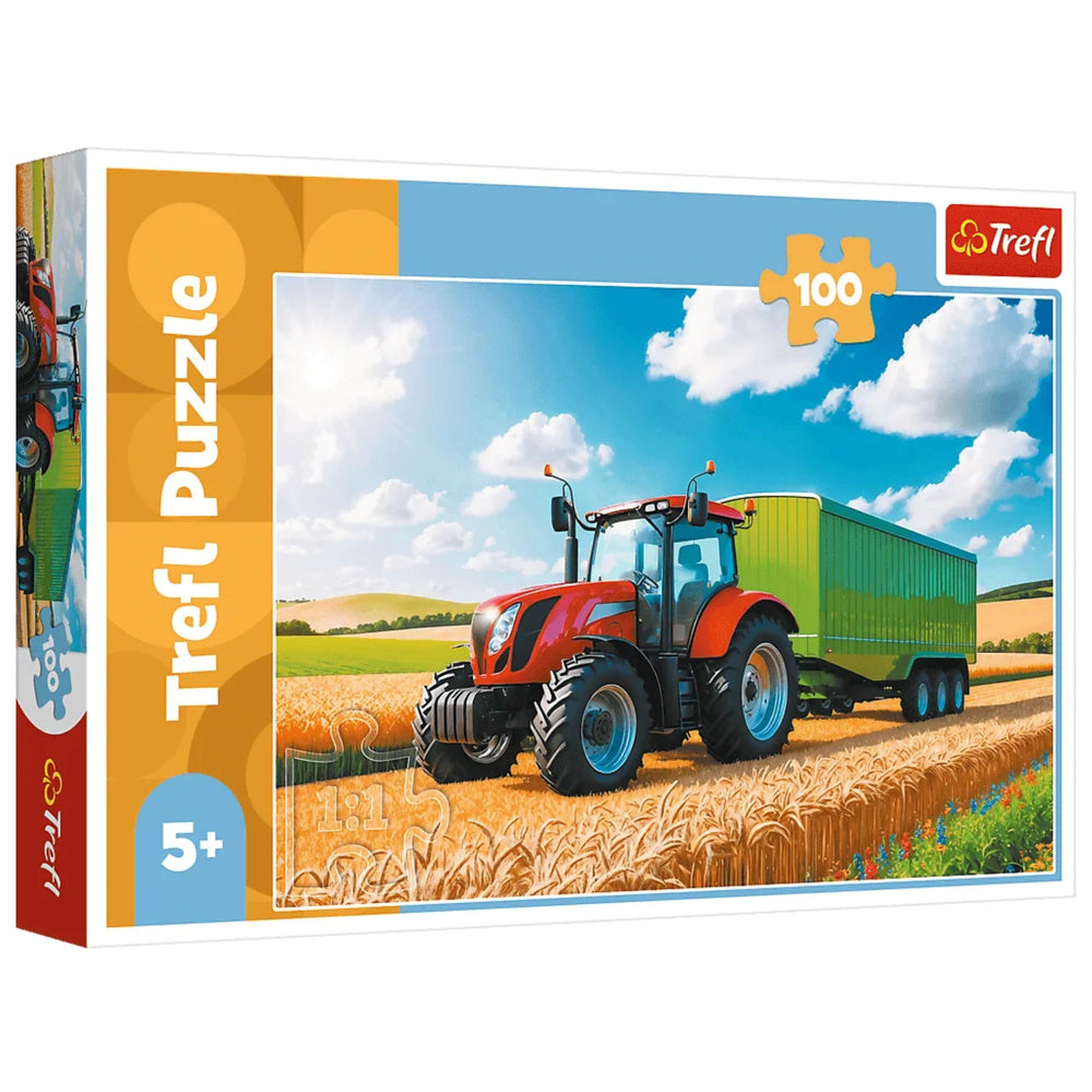 Puzzle 100 dílků – Traktor s přívěsem na poli – Trefl