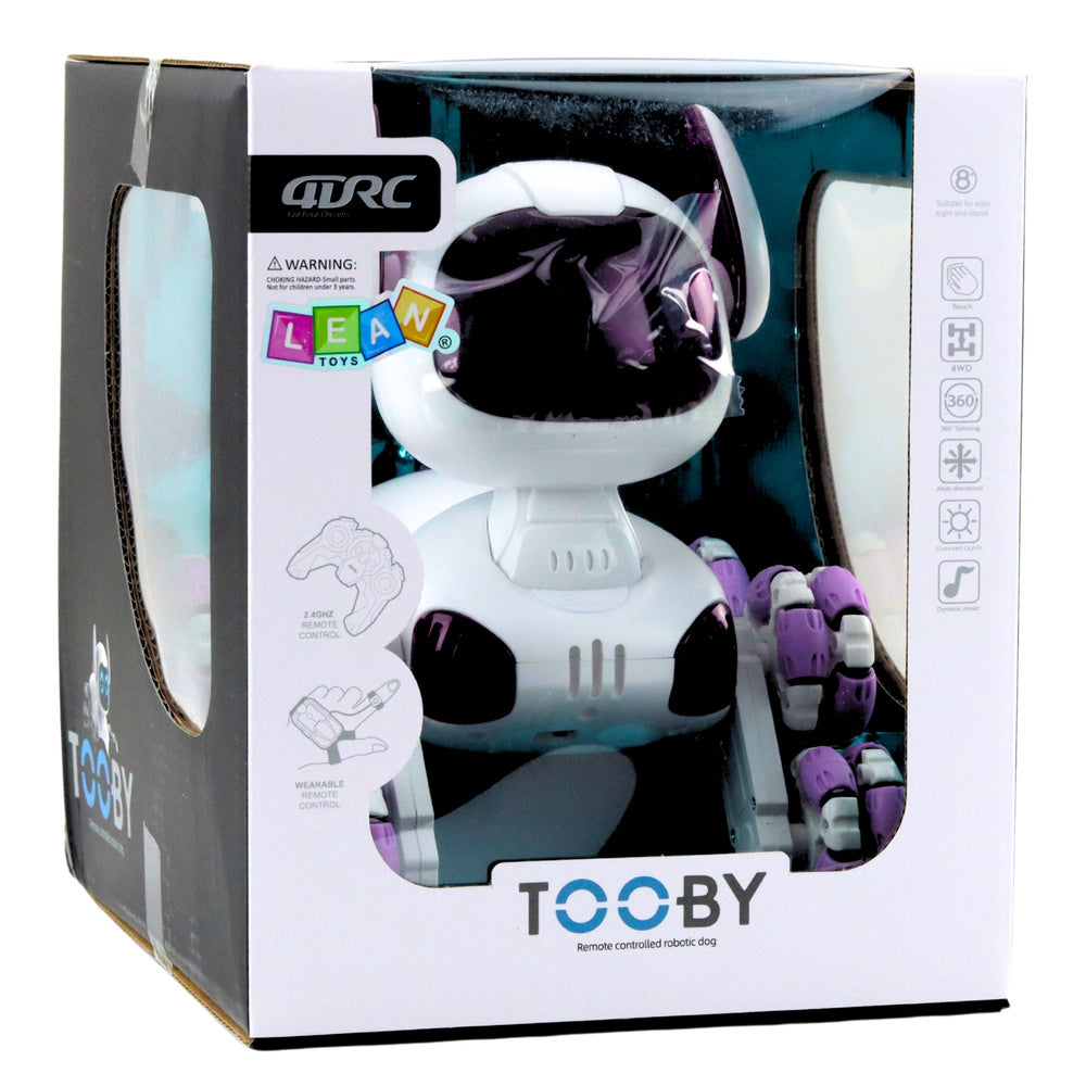 Interaktivní robotický pes TOOBY s dálkovým ovládáním a 360° otáčením – bílofialový
