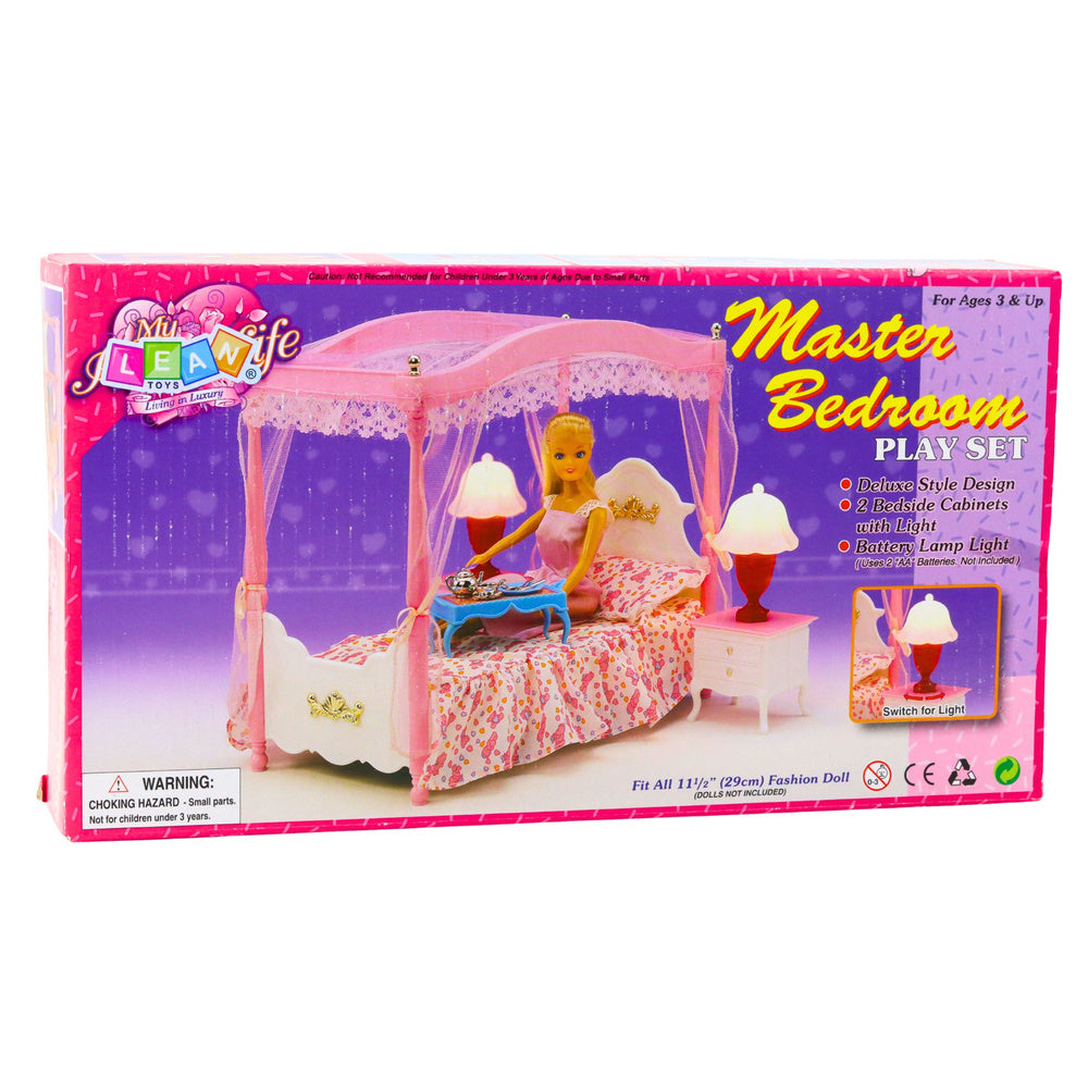 Nábytek pro panenky – baldachýnová postel s nočními stolky