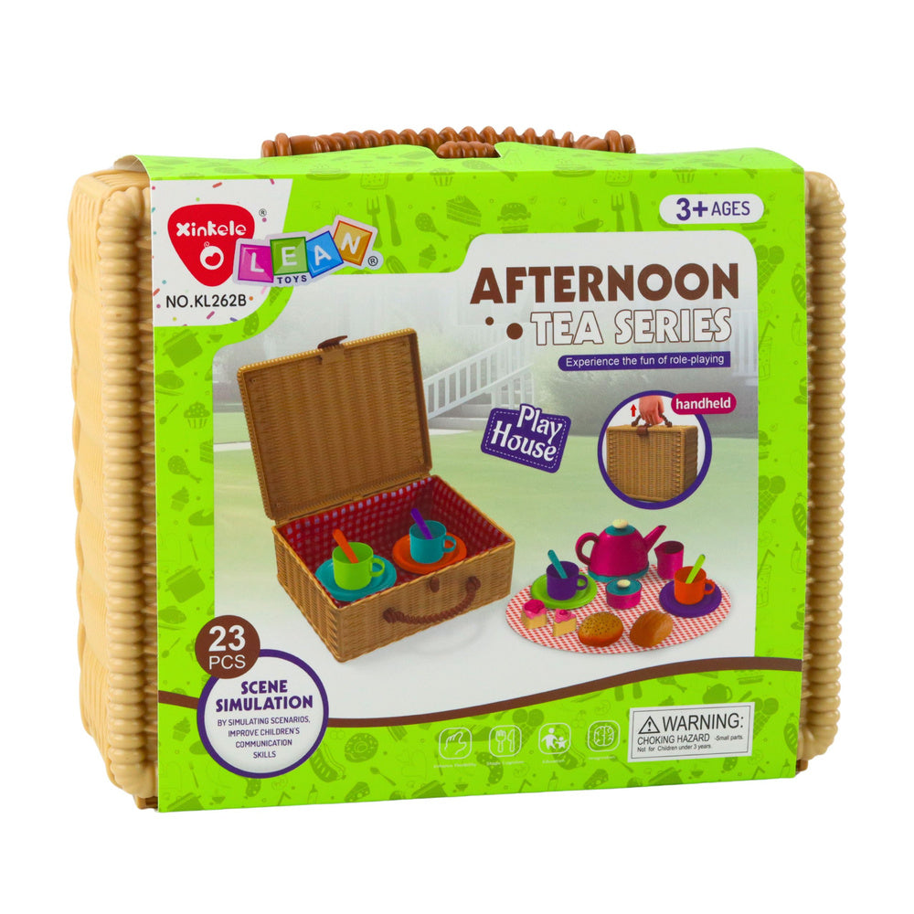 Čajová souprava v košíku s hrnečky, talířky a sladkostmi – 23 dílů