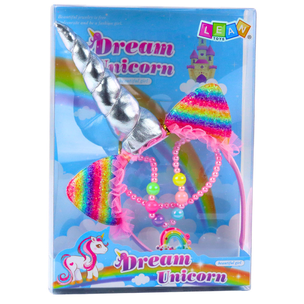 Jednorožcová čelenka s ušima a rohem a náhrdelník – Duhová