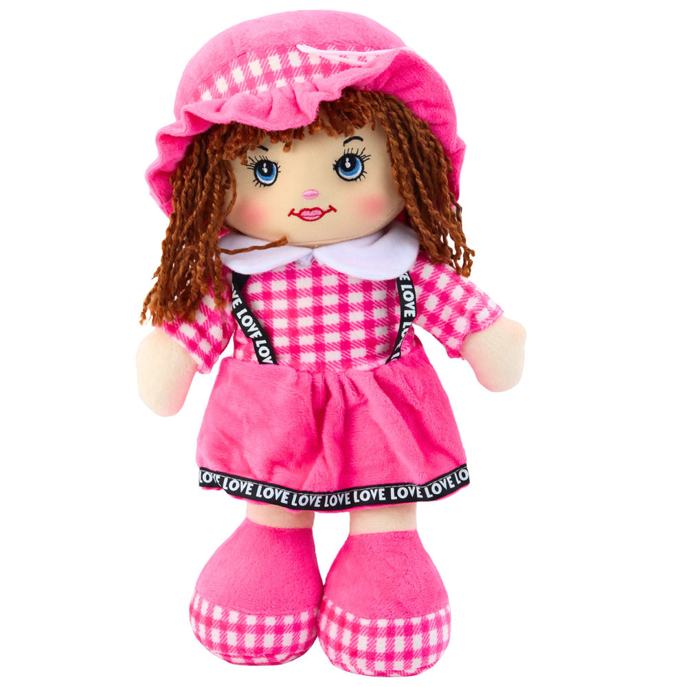 Hadrová panenka v růžových šatech s károvaným vzorem 35 cm