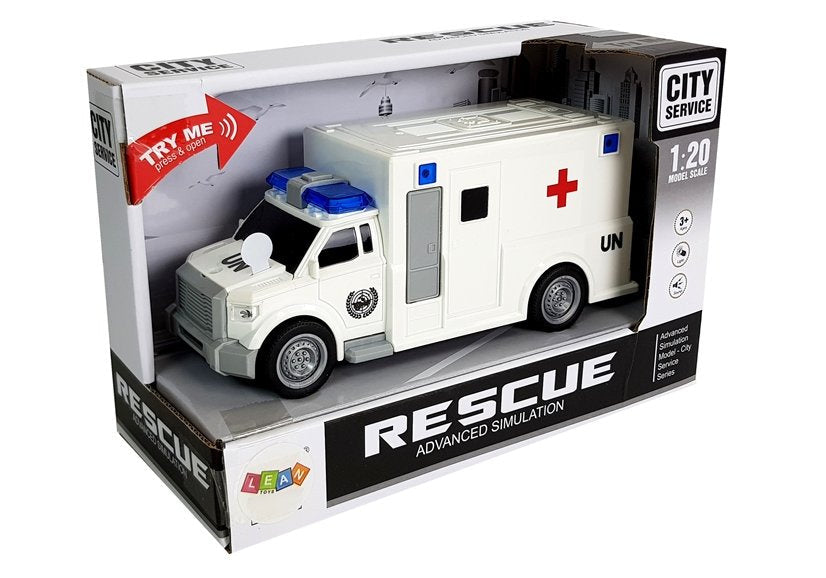 Ambulance s frikčním pohonem a zvuky 1:20 bílá