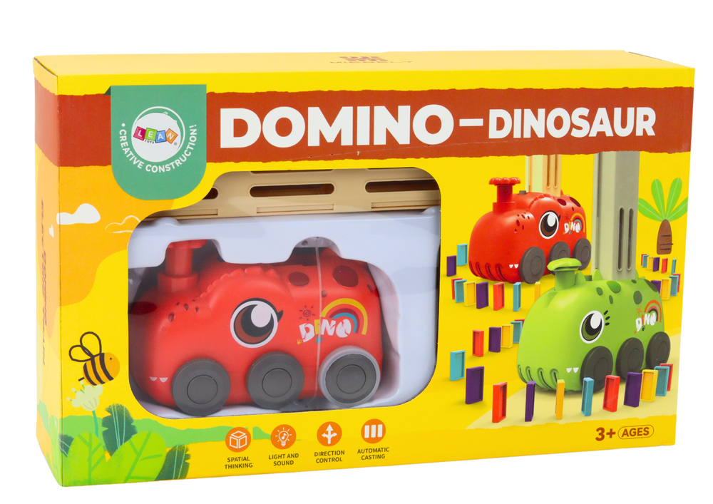Autíčko dinosaurus na baterie s domino kostkami 4 barvy červené