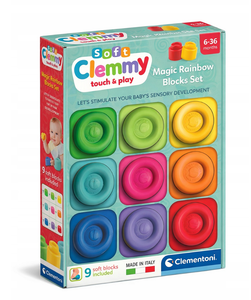 Clemmy Magic Rainbow Blocks - 9 měkkých senzorických kostek – Clementoni