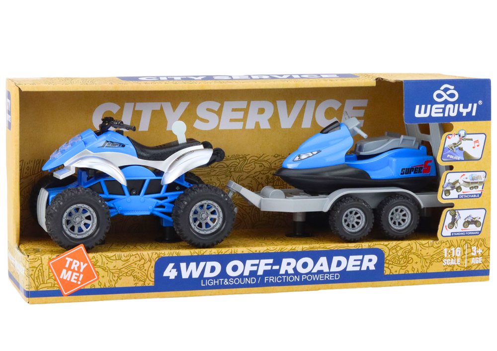 Čtyřkolka s přívěsem na převoz lodě a vodního skútru