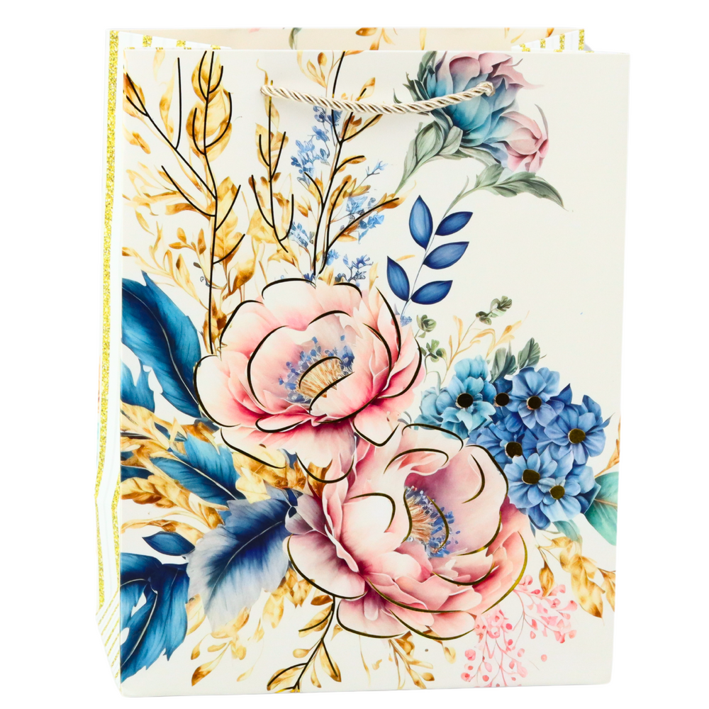 Dárková taška květinová se zlatými prvky – 23x18x10cm