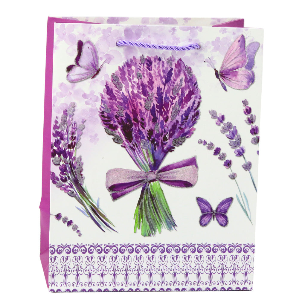 Dárková taška levandule s třpytkami – papírová 23x18 cm