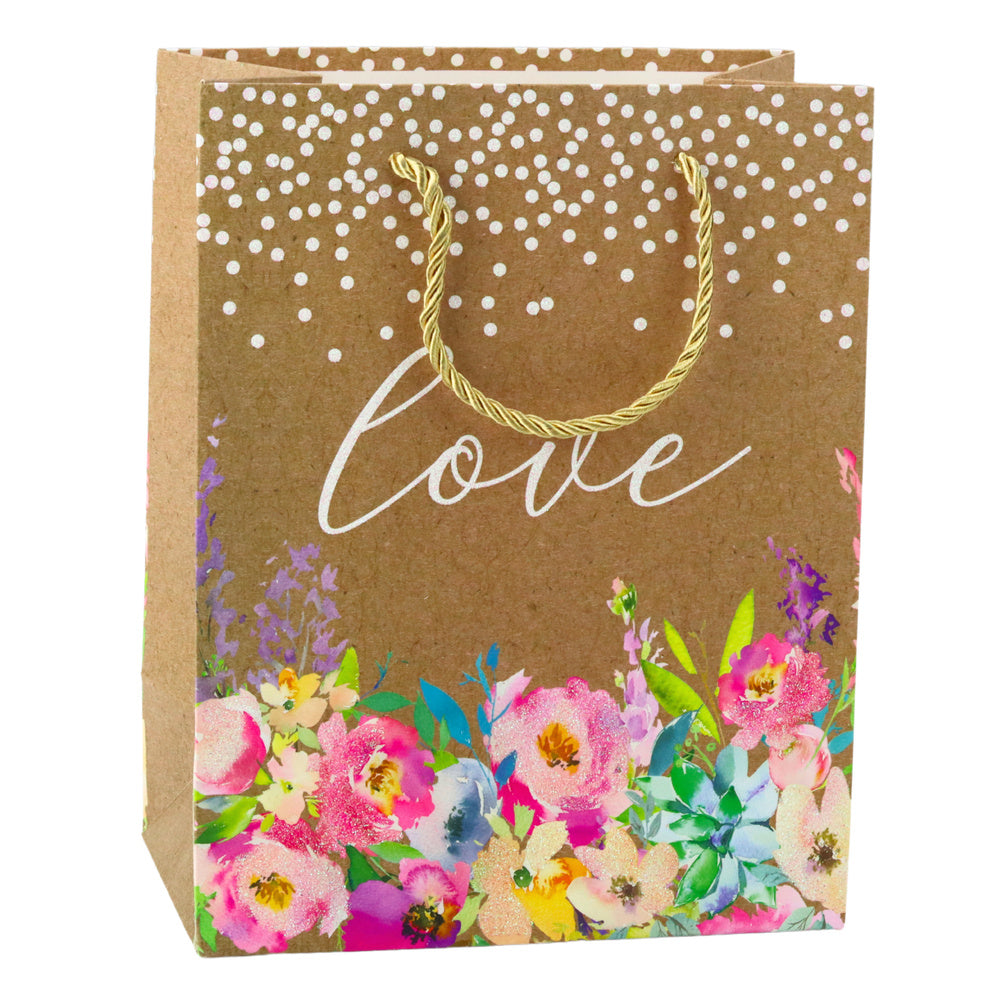 Dárková taška Love s květy – kraftová hnědá 23x18cm