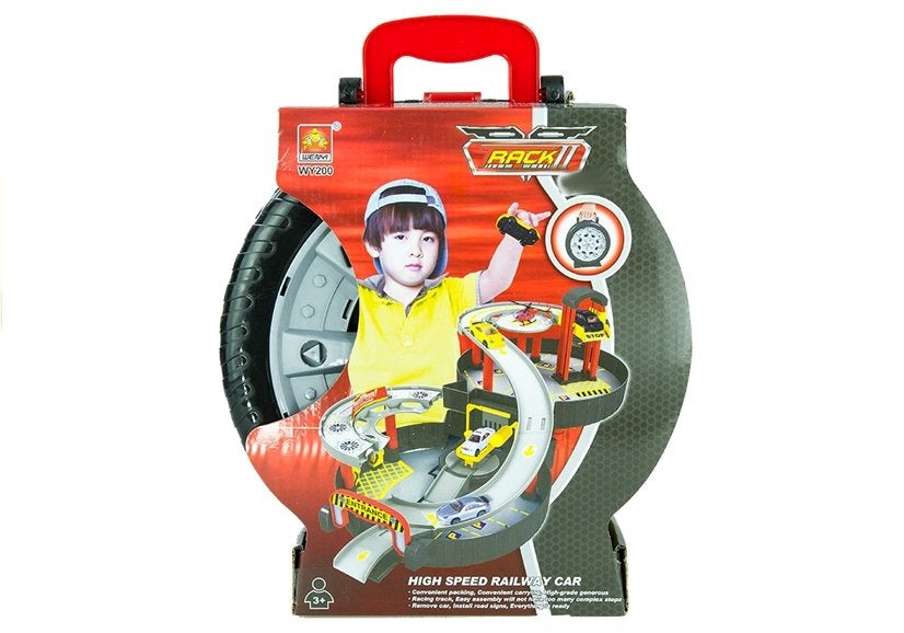 Dětská garáž dvoupatrová s kolečky a kufříkem včetně aut