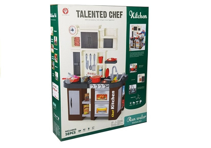 Dětská kuchyňka s tekoucí vodou a hodinami 58 dílů hnědá