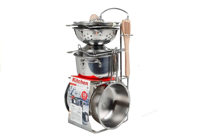 Dětská sada hrnců a pánví z nerezové oceli 8 dílů se stojanem