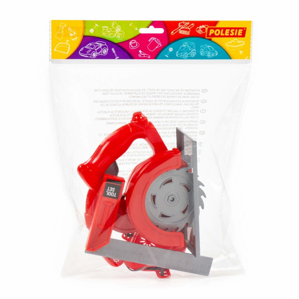 Dětská sada nářadí s kotoučovou pilou kątowníkem a rouškou červená