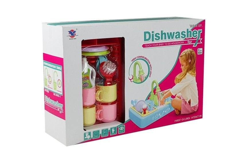 Dětský dřez s tekoucí vodou a nádobím barevný kuchyňský set