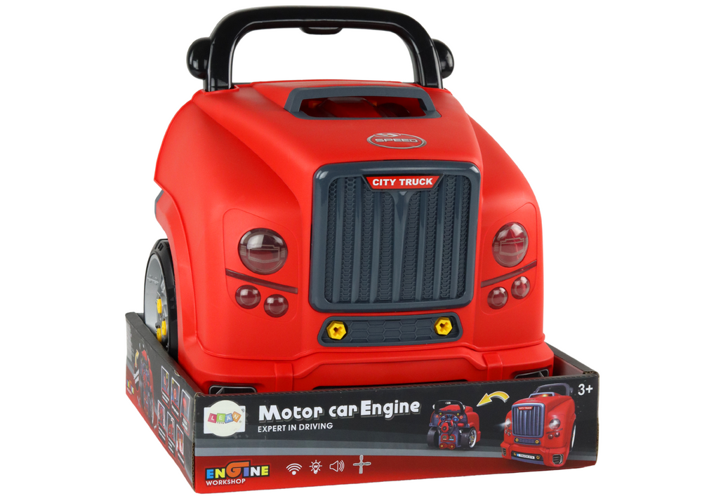 Dětský mechanický kamion s nářadím – červený s dílnou