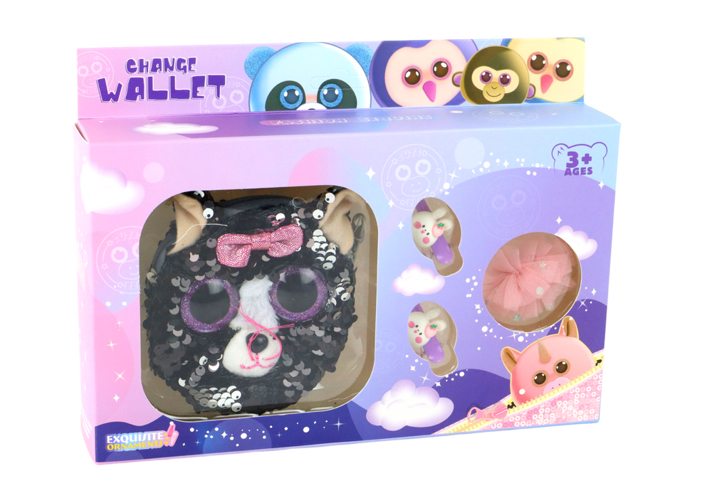 Dívčí peněženka s kotkem a sponky do vlasů – 4 díly set