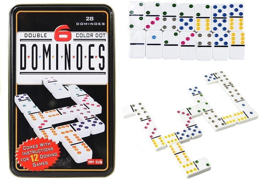 Domino logická hra kovové balení 28 kostek barevné tečky