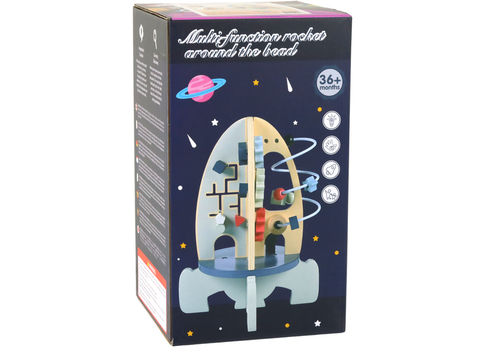 Dřevěná edukační raketa s korálky – hračka s ozubenými koly