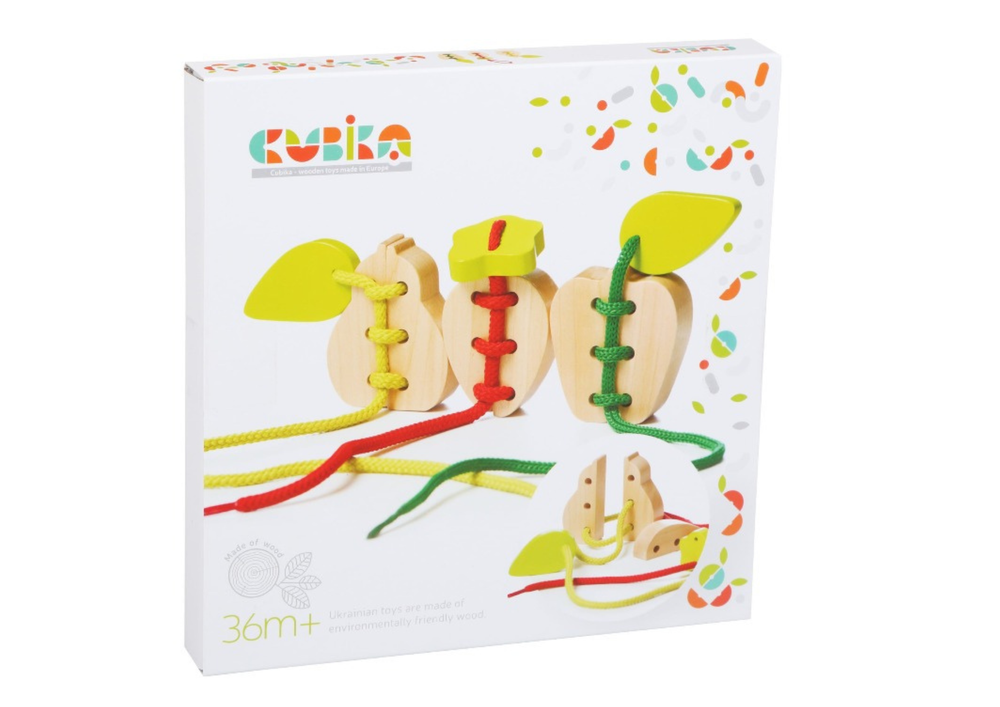 Dřevěná navlékací hračka ovoce – hruška jablko jahoda