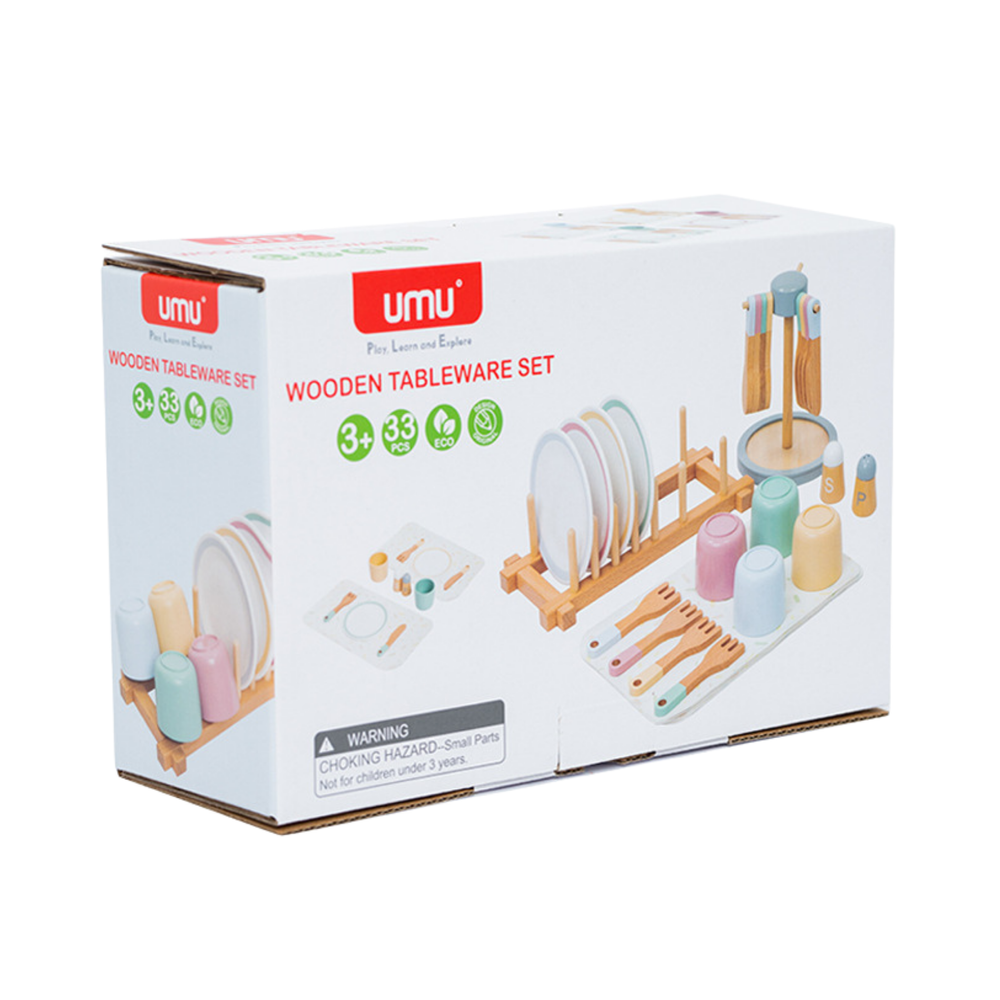 Dřevěná sada nádobí pro děti 33 dílů se stojanem