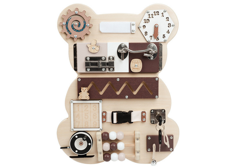 Dřevěná senzorická tabulka medvídek 14 prvků manipulační