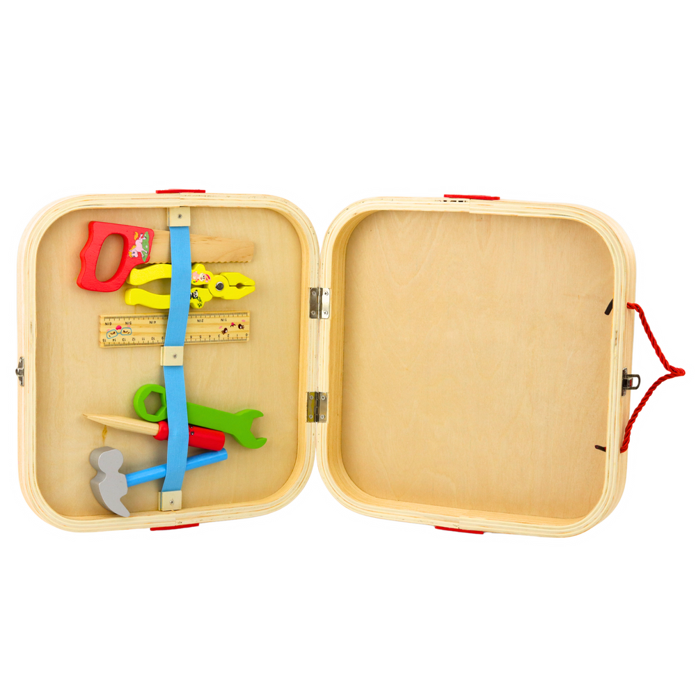 Dřevěná stavebnice zvířat s nářadím v kufříku 59 dílů