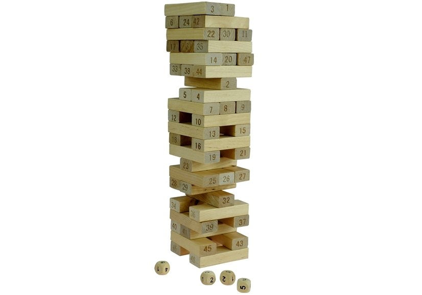 Dřevěná věž Jenga s čísly 48 kostek a 4 hrací kostky