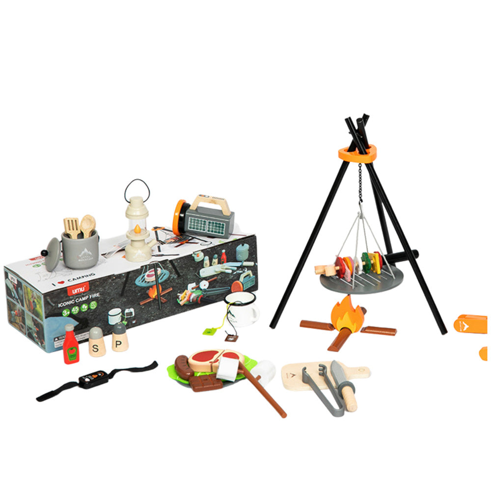 Dřevěný kempingový set s ohništěm a příslušenstvím 45 dílů