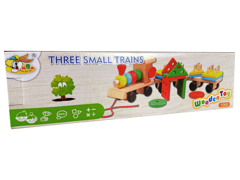 Dřevěný vlak lokomotiva se 2 vagony a geometrickými tvary