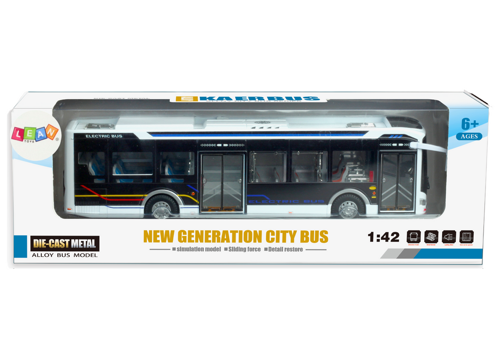 Elektrický městský autobus 1:42 kovový se světly bílý