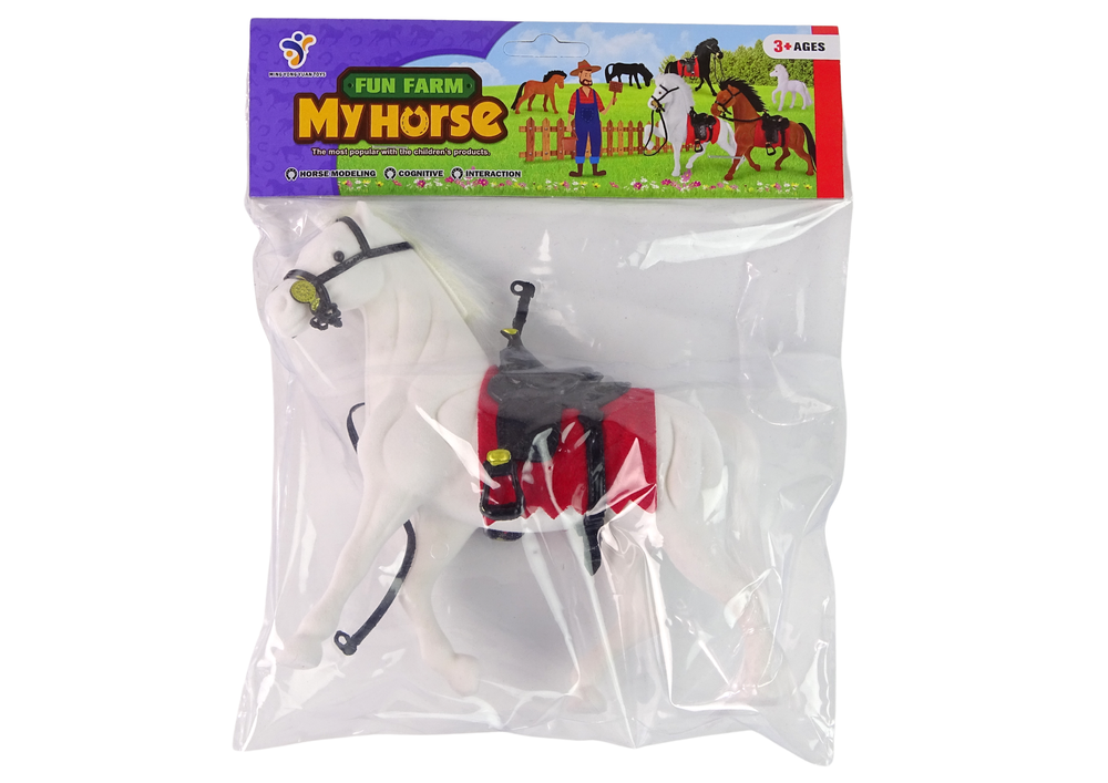 Figurka koně s sedlem – bílá s podsedlovou dekou