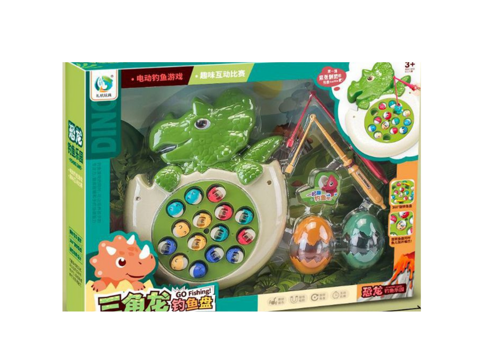 Hra na chytání rybiček s udičkami a zvuky dinozaur zelený