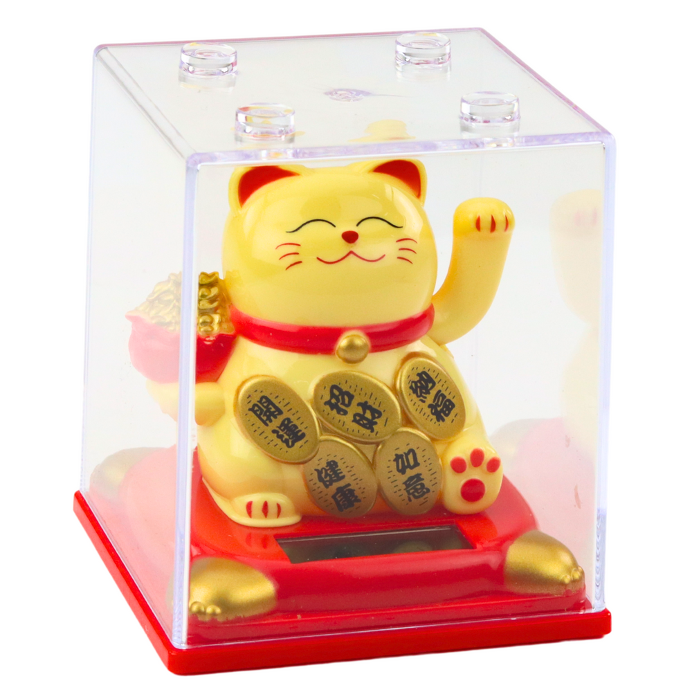 Kočka štěstí solární figurka – průhledná vitríně béžová