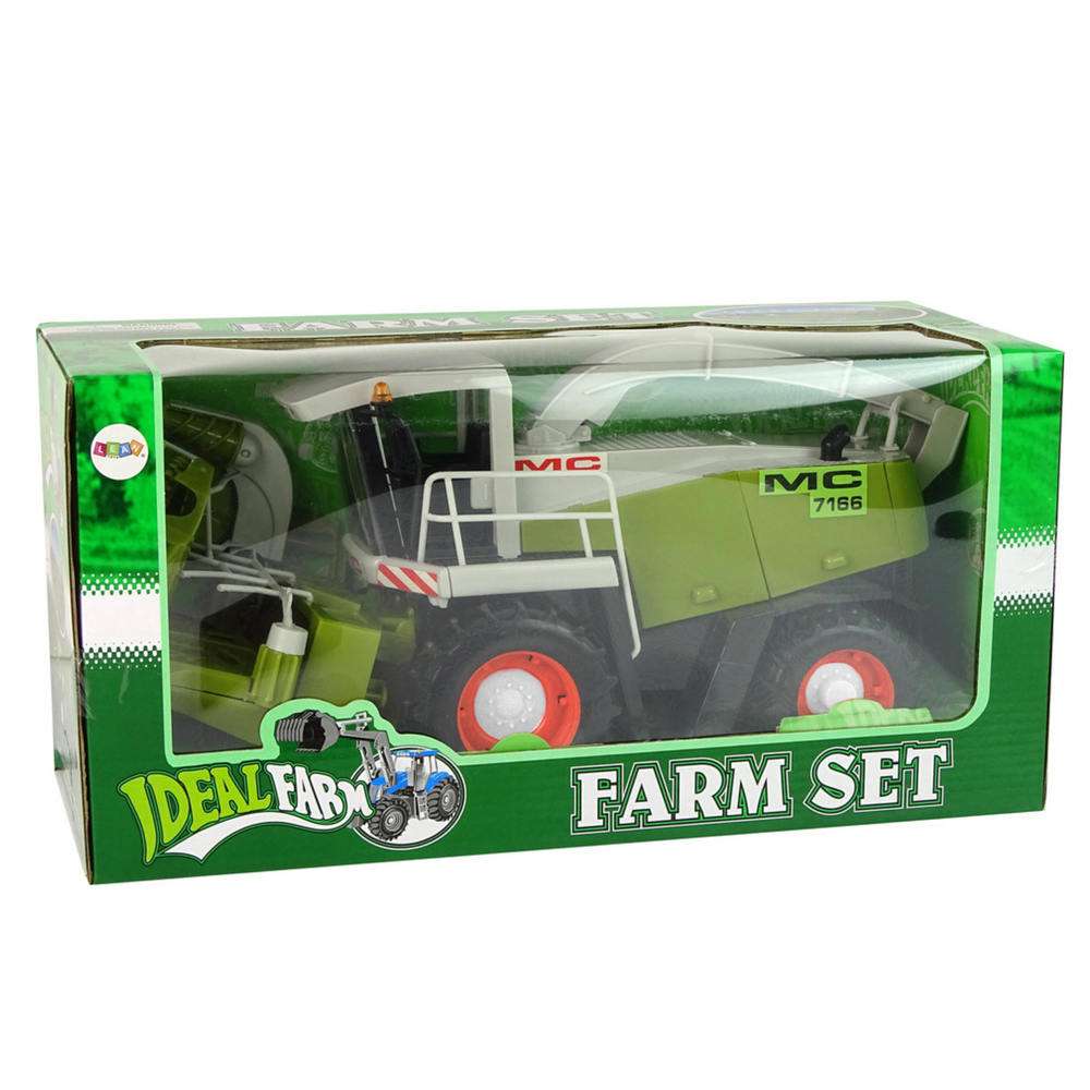 Kombajn s pohyblivými částmi a žacím adaptérem na kukuřici zelený