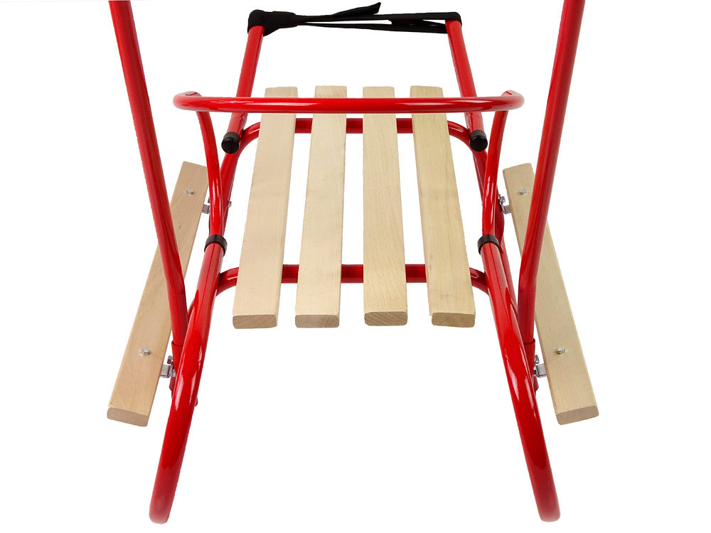 Kovové sáňky s opěradlem a tlačítkem – červené | dětské