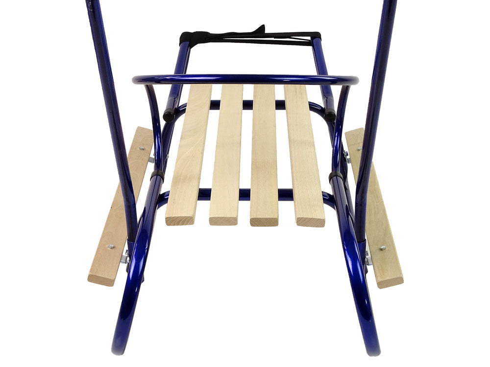 Kovové sáňky s opěradlem a tlačítkem – modré | zimní