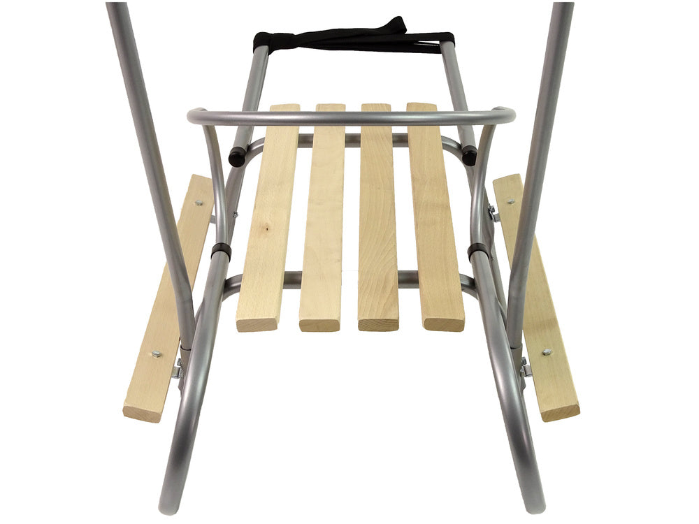 Kovové sáňky s opěradlem a tlačnou tyčí – stříbrné