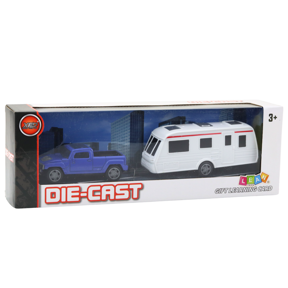 Kovový terénní vůz s kempingovým přívěsem modrý