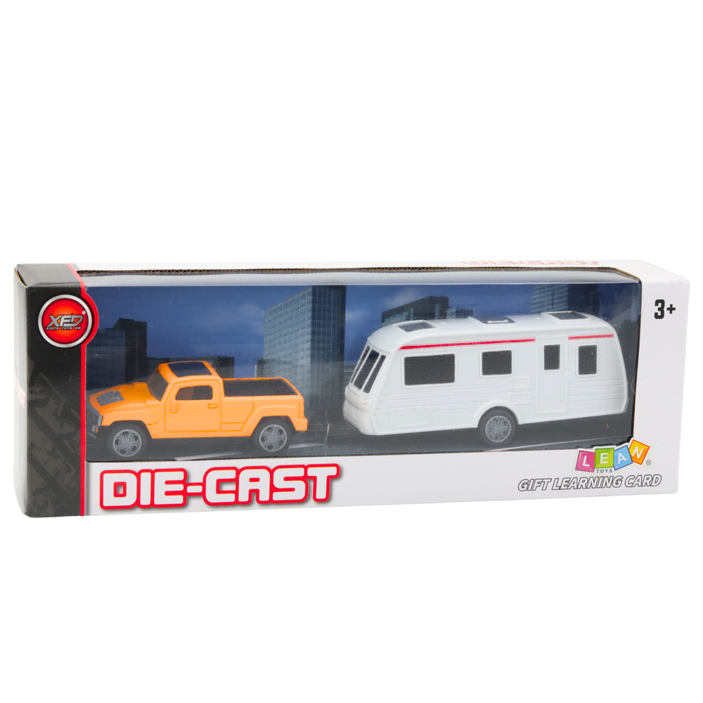 Kovový terénní vůz s kempingovým přívěsem oranžový