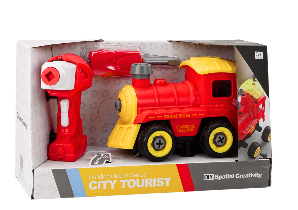 Lokomotiva na dálkové ovládání s vrtačkou a šroubovákem červená