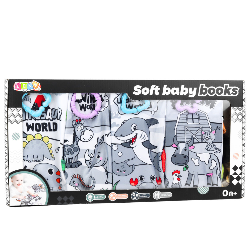 Měkké sensorické knížky pro miminka 4ks – s úchyty