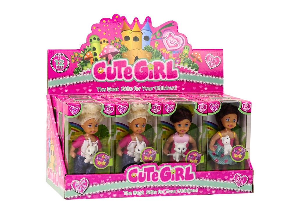 Mini panenka s dlouhými vlasy a zvířátkem v barevných šatech