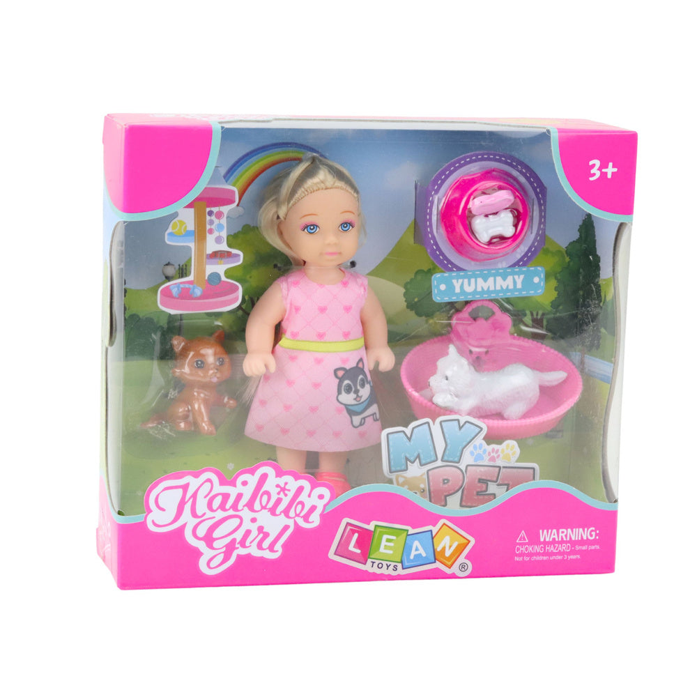 Mini panenka s pejskem a kočičkou – s pelíškem a miskou