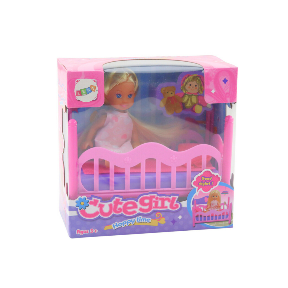 Mini panenka s postýlkou – v pyžamu růžová | s doplňky